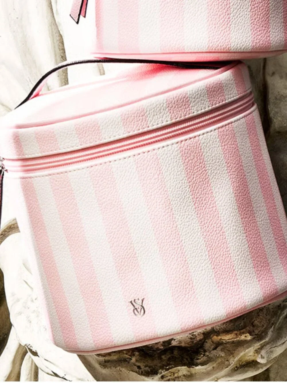 🎀 Victoria's Secret Makeup Heritage Striped Pink Travel Cosmetic Cases NWT